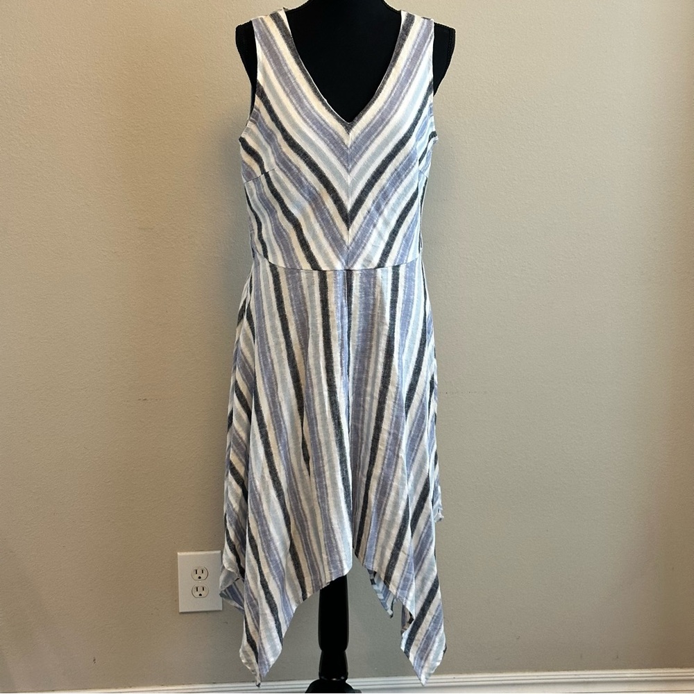 Blue Striped Linen Blend Sleeveless Midi Dress Sz 8 Lightweight